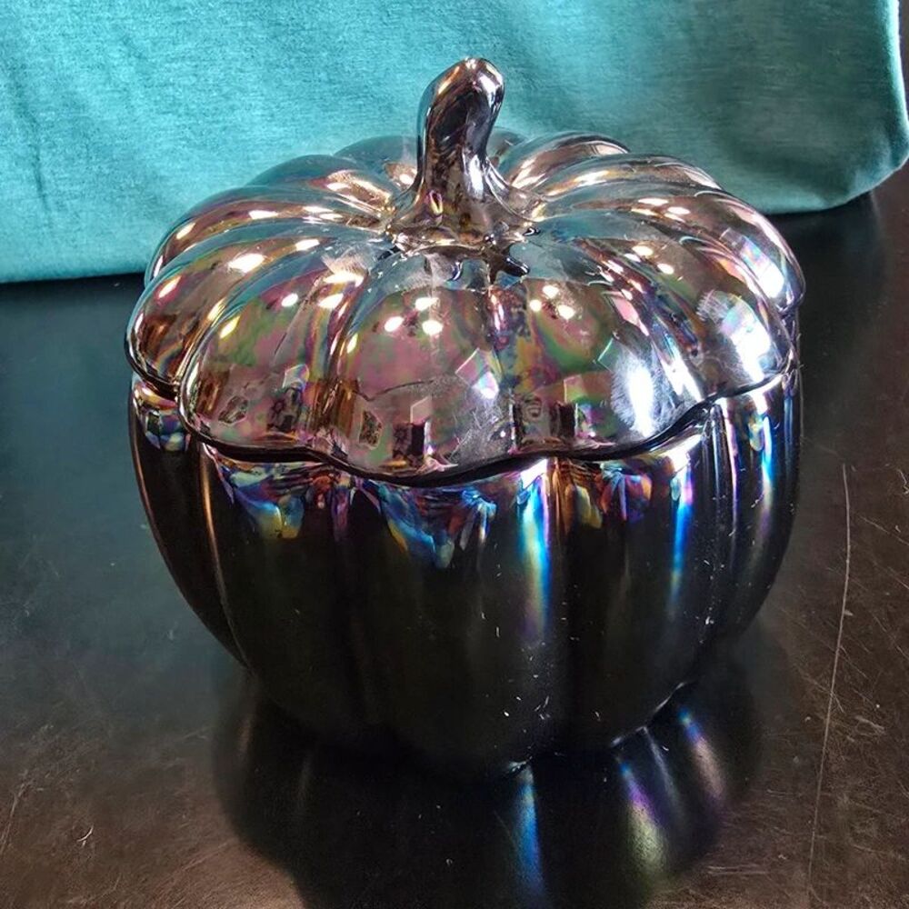 Northern Lights Iridescent Ceramic Pumpkin Candle Black Cedarwood and Apple